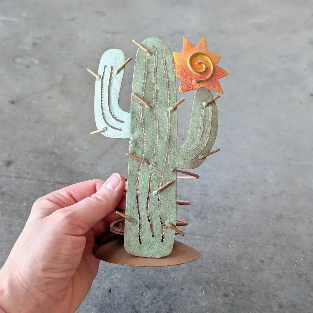 Green Cactus and Yellow Sun Metal Candle Holder Southwest Home Decor